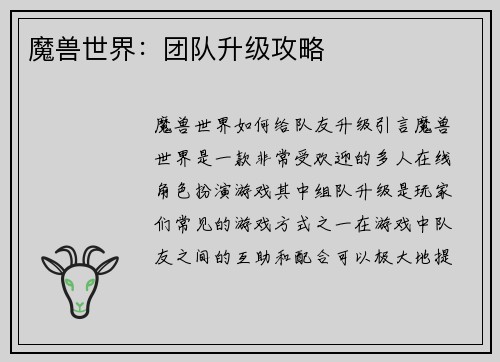 魔兽世界：团队升级攻略